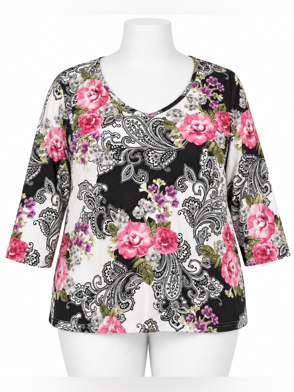 Karen Scott Woman 3X Floral Paisley V-Neck 3/4 Sleeve Top